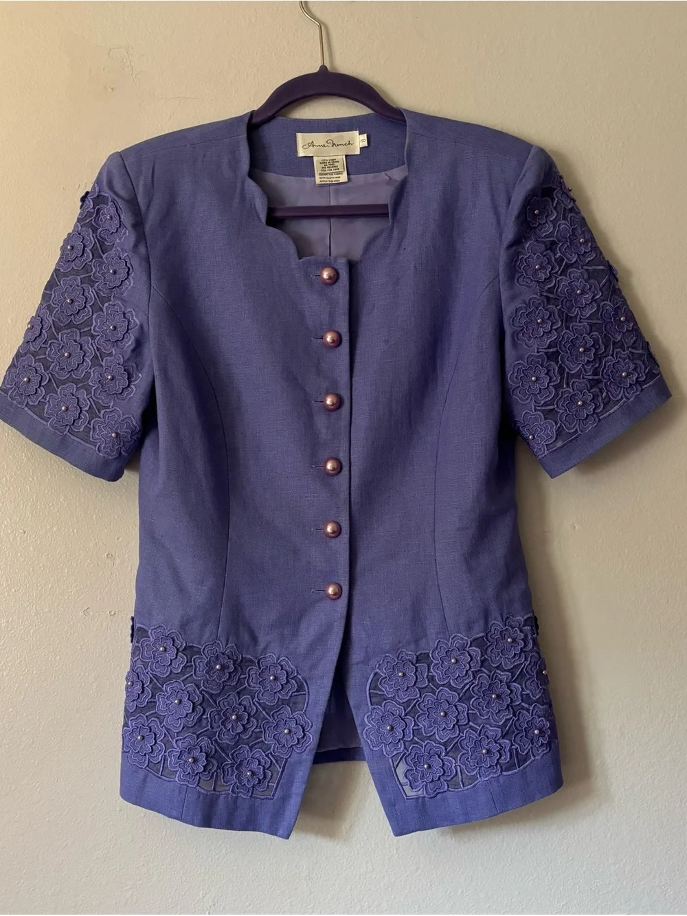 Vintage Anne French 2-Piece Skirt Suit Lavender Linen Floral Lace   8